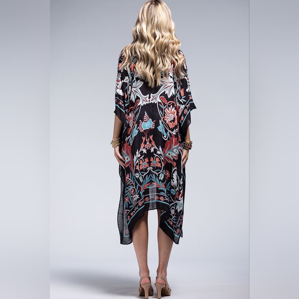 Teal & Black / Leaf & Flower Print Kimono - Lightweight Silky Material - NEW!!! - Picture 5 of 5